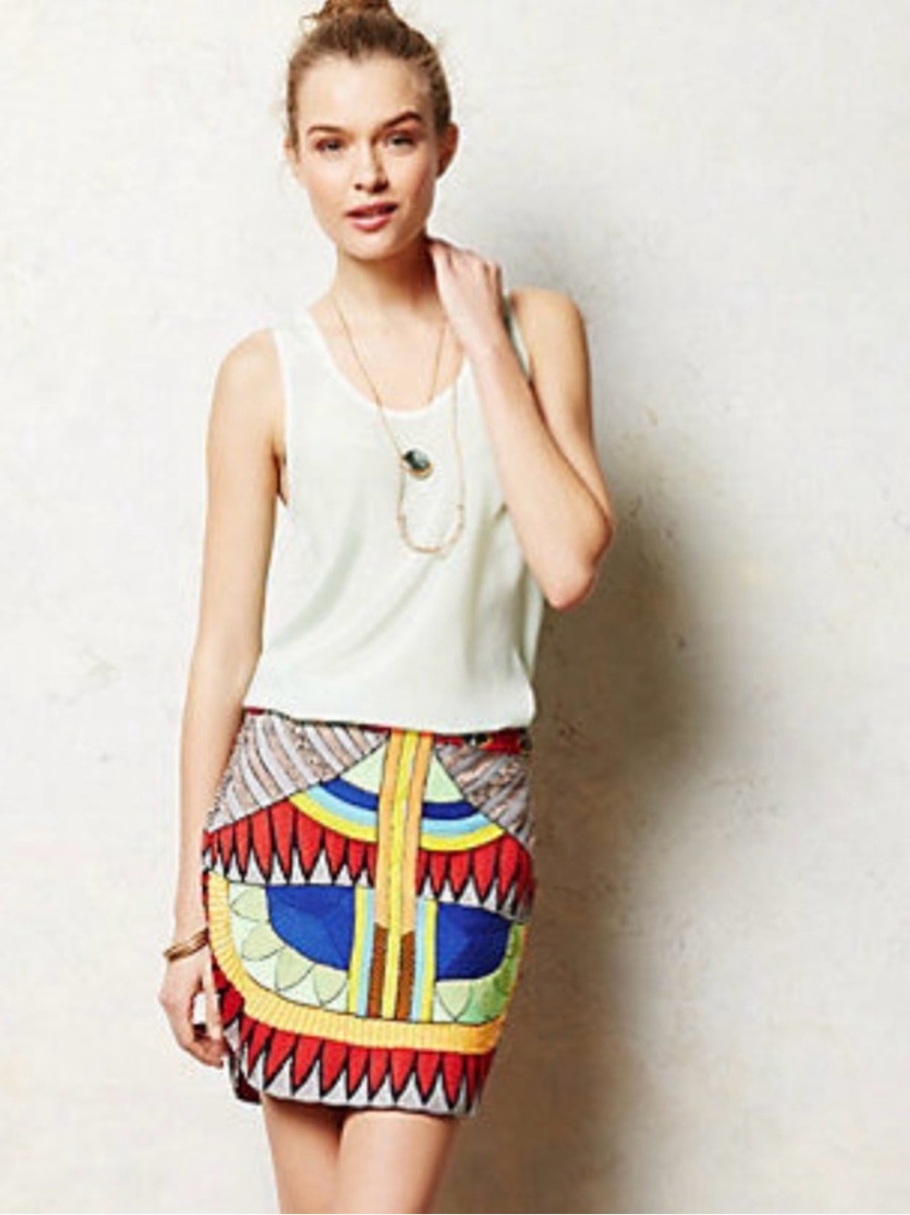 Anthropology Pia Pauro Handed-Beaded Multicolor Tribal Print Pinion Mini Skirt